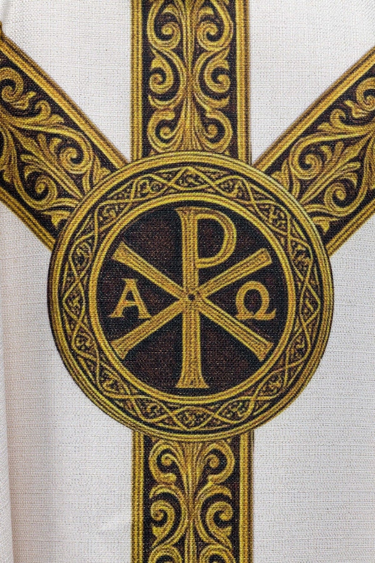 Ecru Catholic chasuble close-up of printed Pax cross and ornate gold orphrey