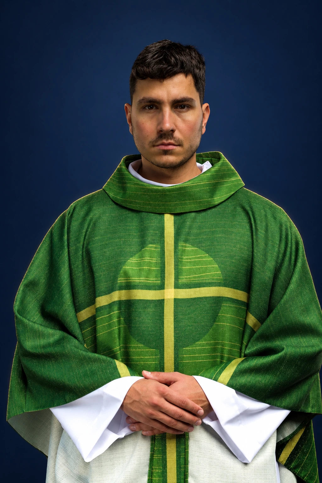 Green Printed Chasuble with Cross Motif, front view with green and gold cross design
