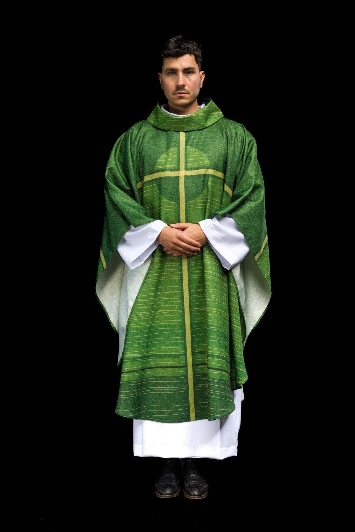 Green chasuble full back view with gold cross design