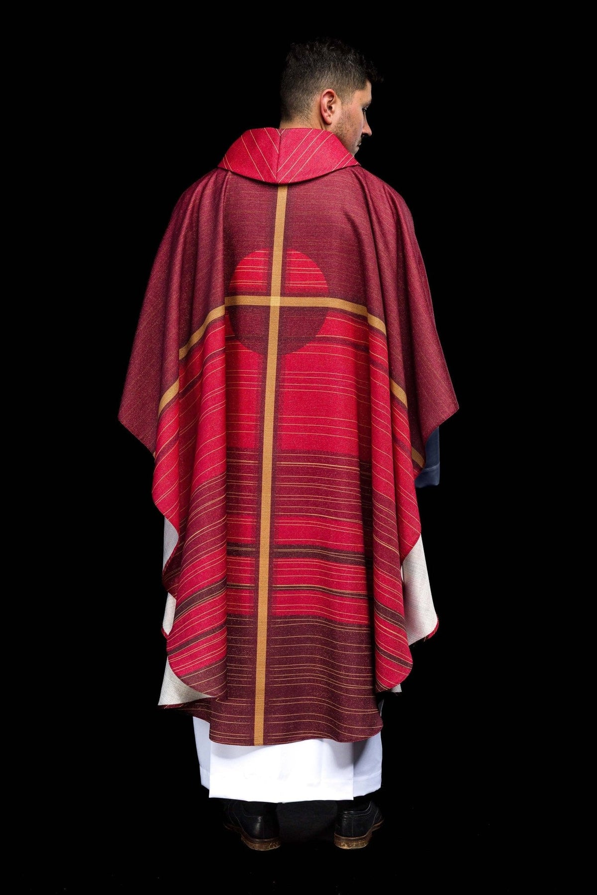 Red chasuble cross motif back view