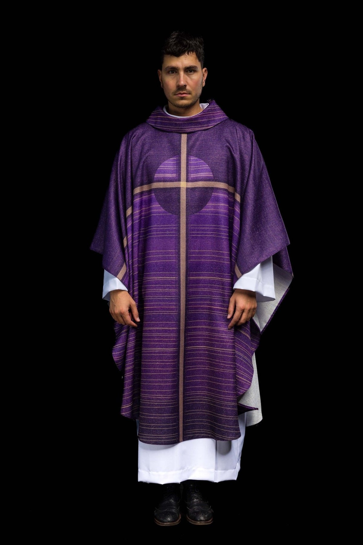 Purple cross chasuble, full front view with striped fabric and gold cross