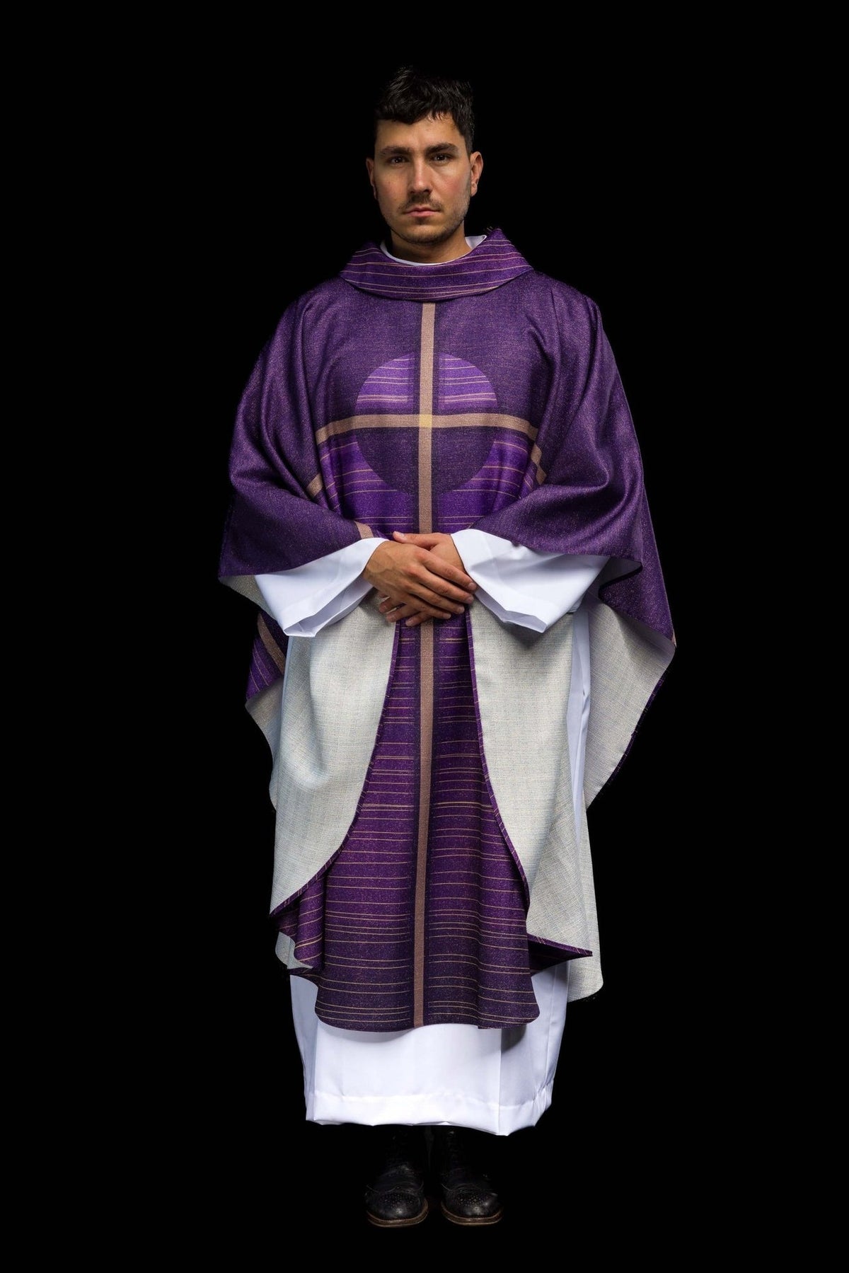 Purple cross chasuble, full back view with striped sleeves and gold cross