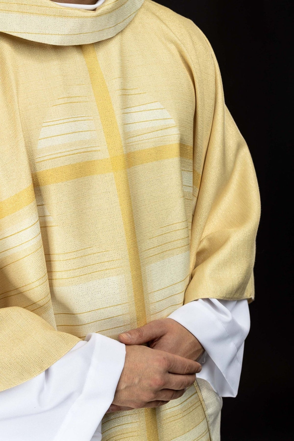 Ecru chasuble front detail showing the printed cross