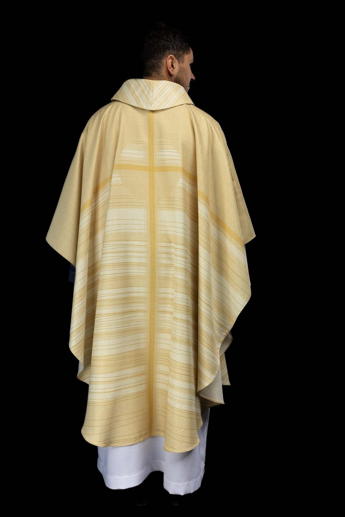 Ecru chasuble back detail showing the printed cross