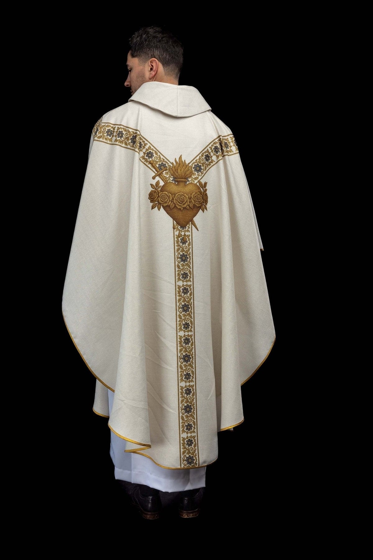 Our Lady of Fatima chasuble back view with Heart of Mary and vertical floral orphrey