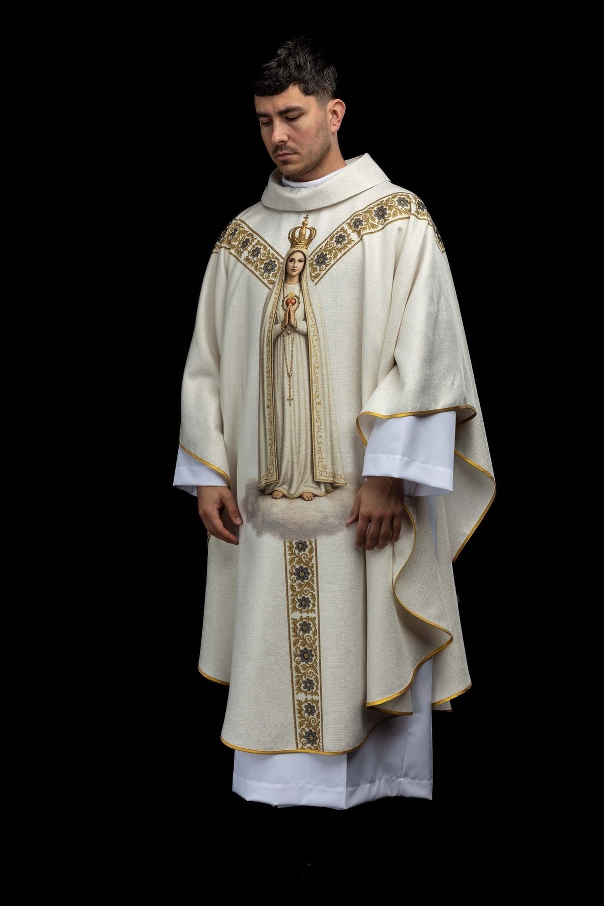 Our Lady of Fatima chasuble, angled front view with gold floral trim