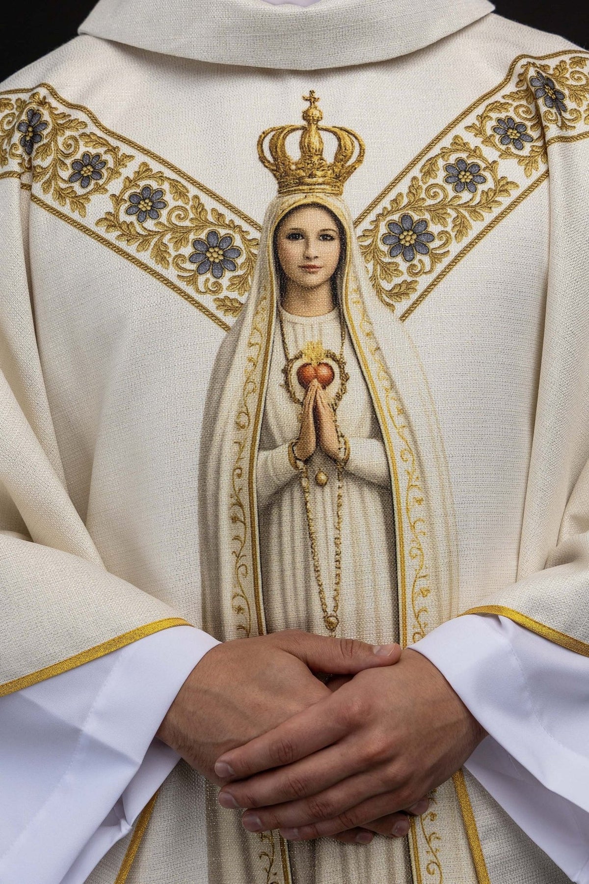 Our Lady of Fatima chasuble front detail with Marian image, Heart of Mary and floral trim