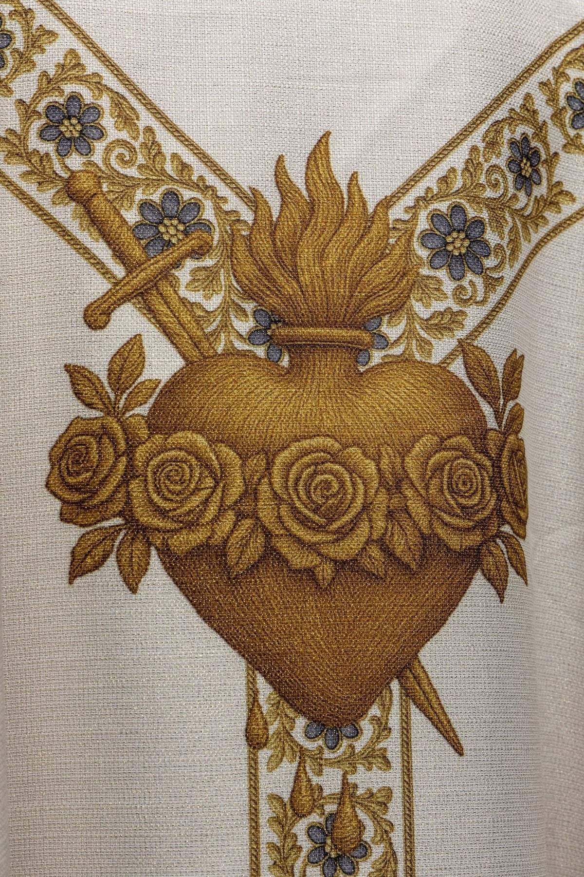 Our Lady of Fatima chasuble close-up of Heart of Mary with roses and flame