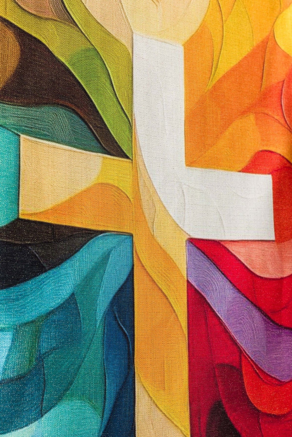 Church lectern cover close-up showing the multicolored print and white cross