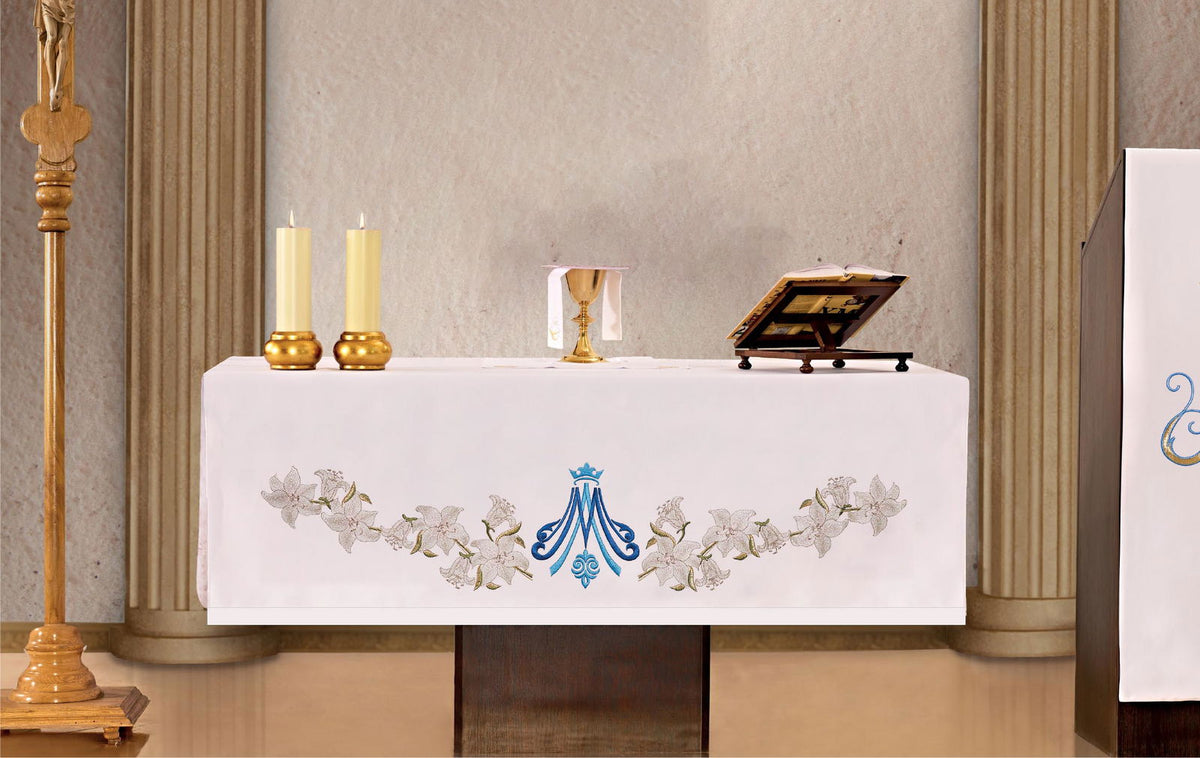 Altar Cloth with Blue Front Embroidery in a Marian Motif, front view with blue Marian emblem and floral embroidery