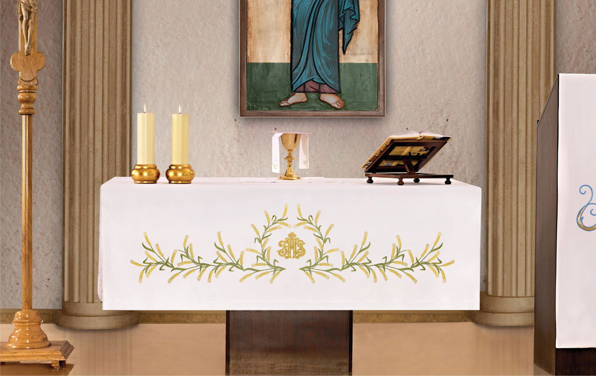 Altar Cloth with Front Embroidery Featuring IHS and Wheat, white front view with gold IHS and wheat embroidery