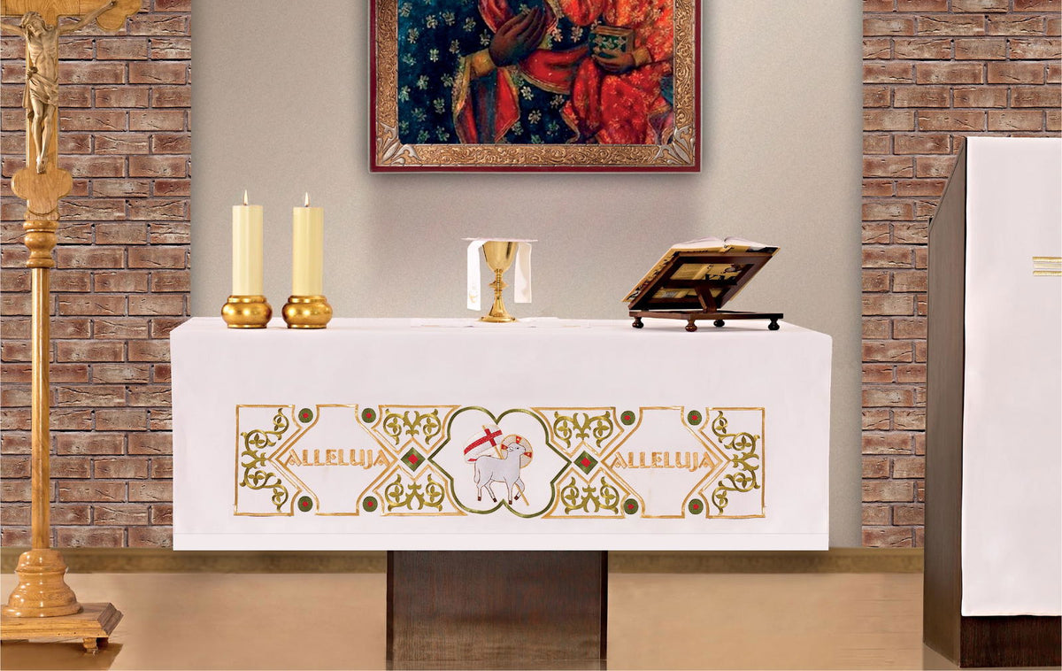 Altar Cloth with Front Embroidery of the Paschal Lamb, white front view with gold embroidery and central Paschal Lamb