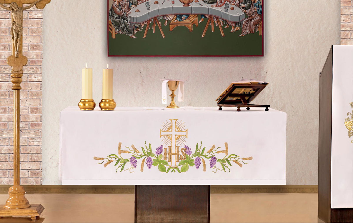 Altar Cloth with Botanical Front Embroidery and IHS Motif, white front view with gold IHS and botanical embroidery