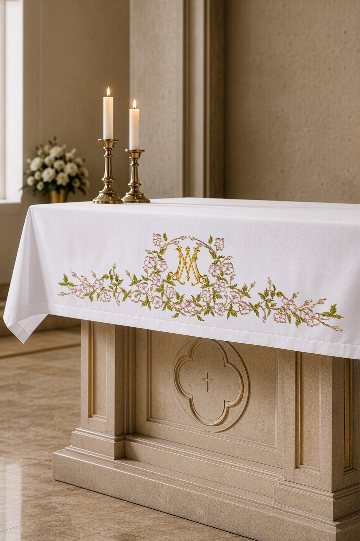 Richly Embellished Altar Cloth with Front Embroidery and Marian Motif, white front view with floral embroidery