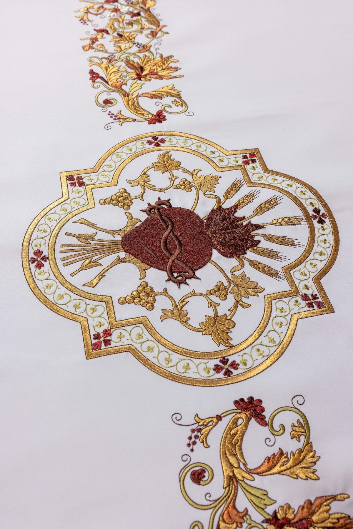 Sacred Heart of Jesus altar cloth close-up with heart, crown of thorns, wheat and grapes