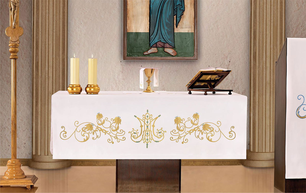 Altar Cloth with Front Marian Embroidery, white front view with gold embroidery and central Marian motif