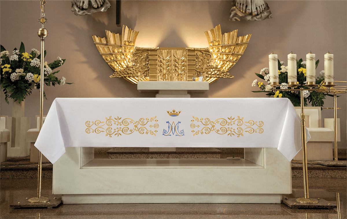 Altar Cloth with Gold Front Embroidery and Marian Motif, white front view with gold embroidery and blue Marian motif