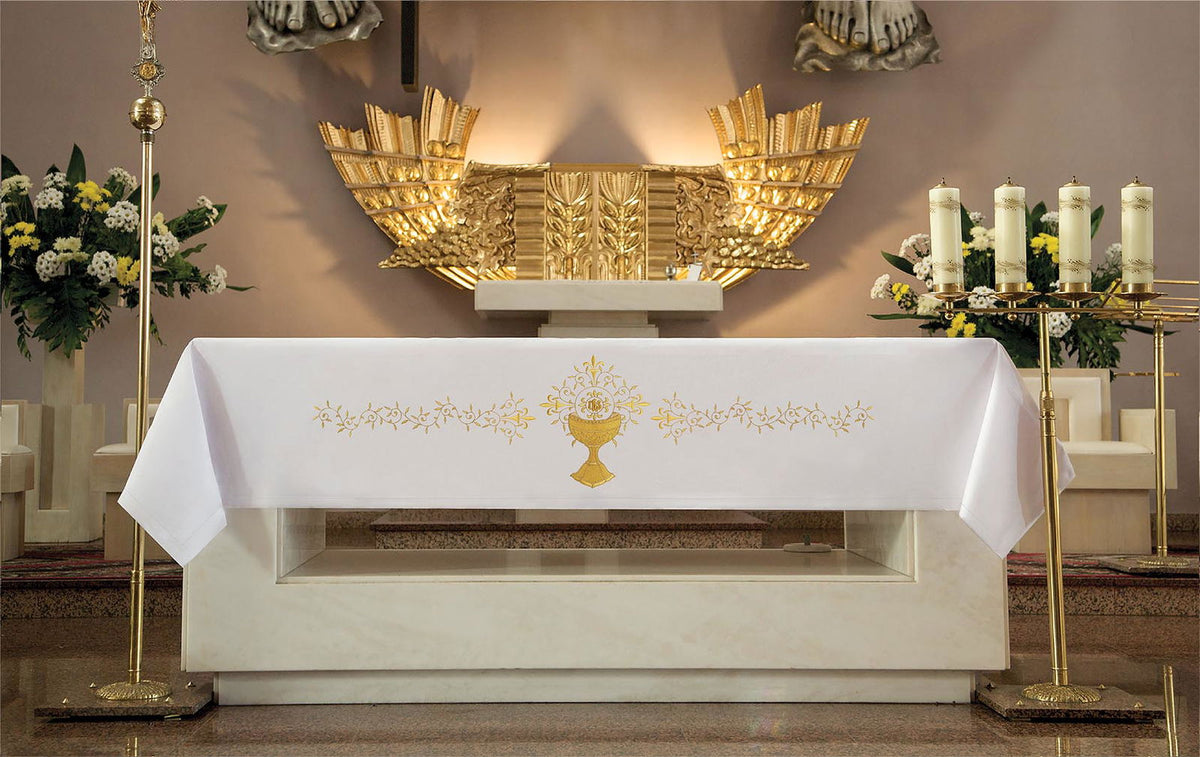 Gold-Embroidered Altar Cloth with Chalice and Altar Bread, front view with gold chalice embroidery