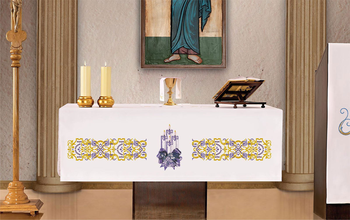 Altar Cloth with Advent Wreath Embroidery shown front-facing in white with purple and gold embroidery