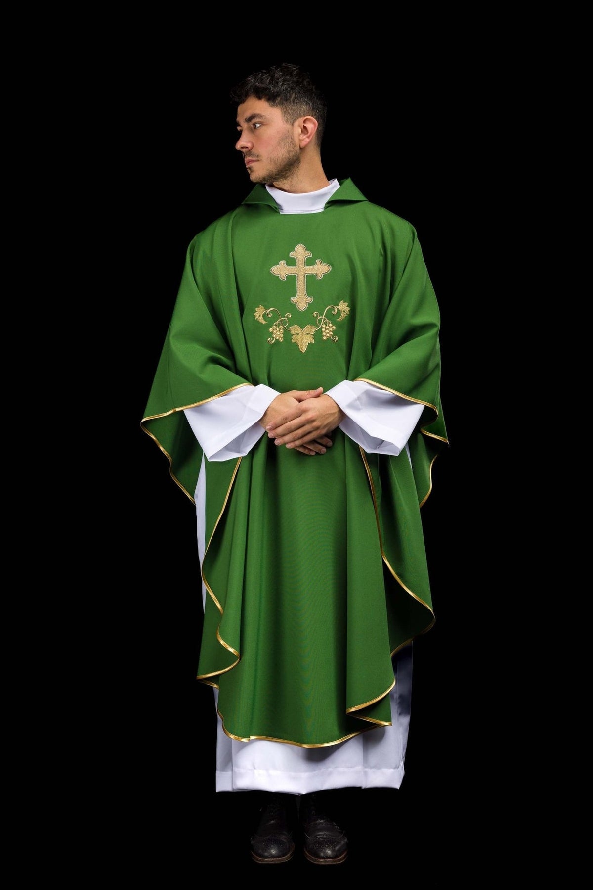 Green embroidered chasuble full back view with gold trim