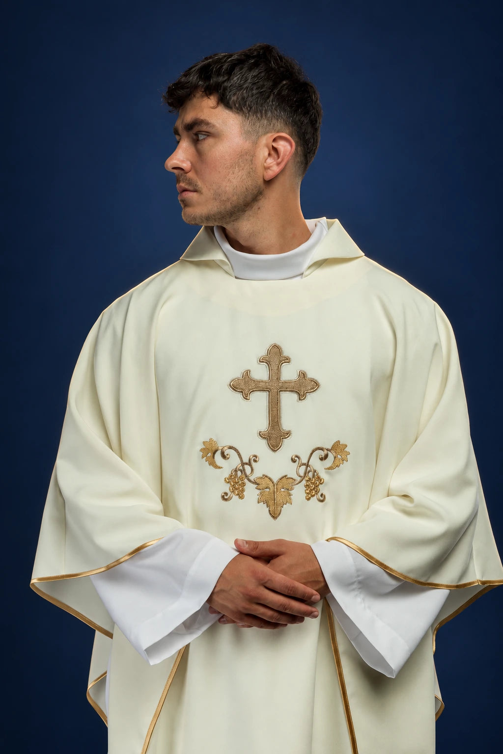 Embroidered Chasuble with Cross Symbol and Wide Ecru Collar, front view with gold embroidery and trim