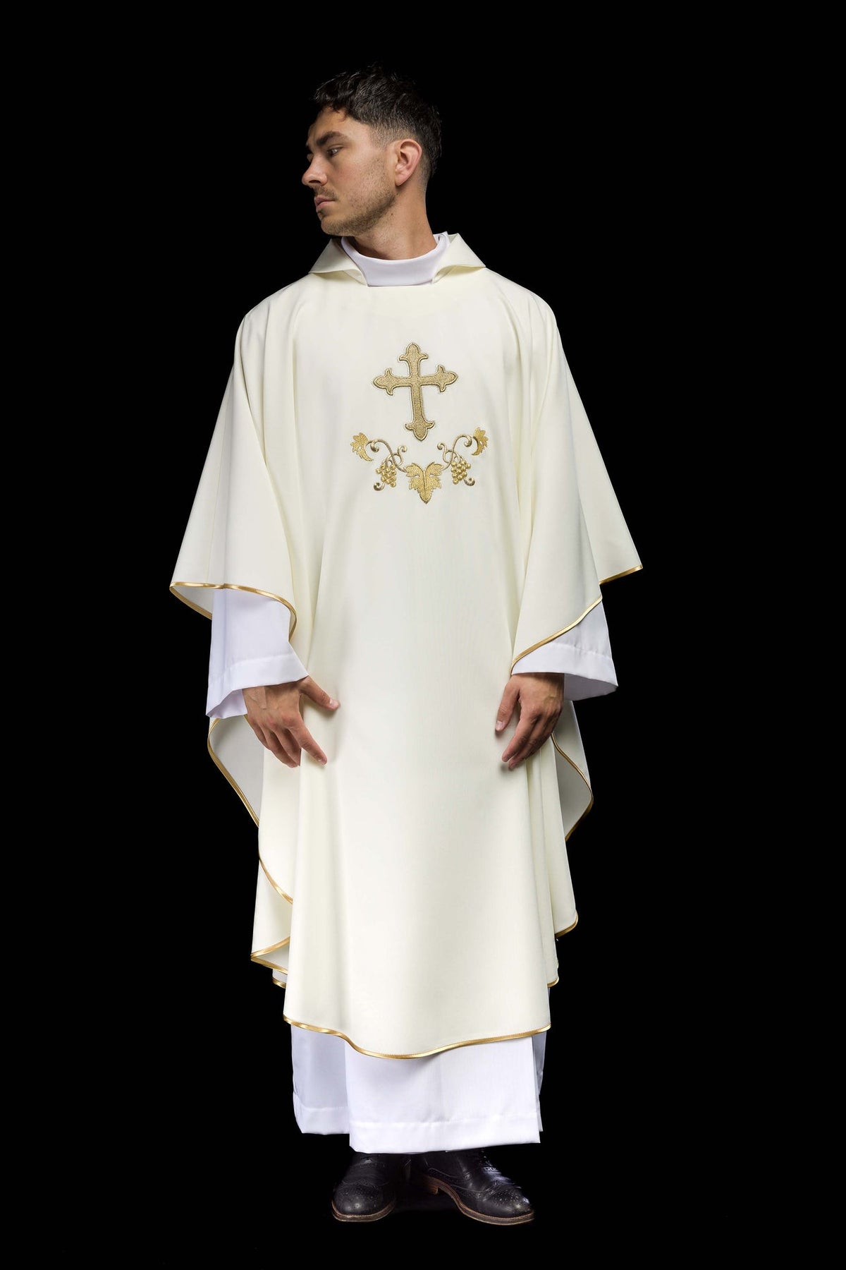 Embroidered chasuble front view with gold cross, grape and leaf embroidery