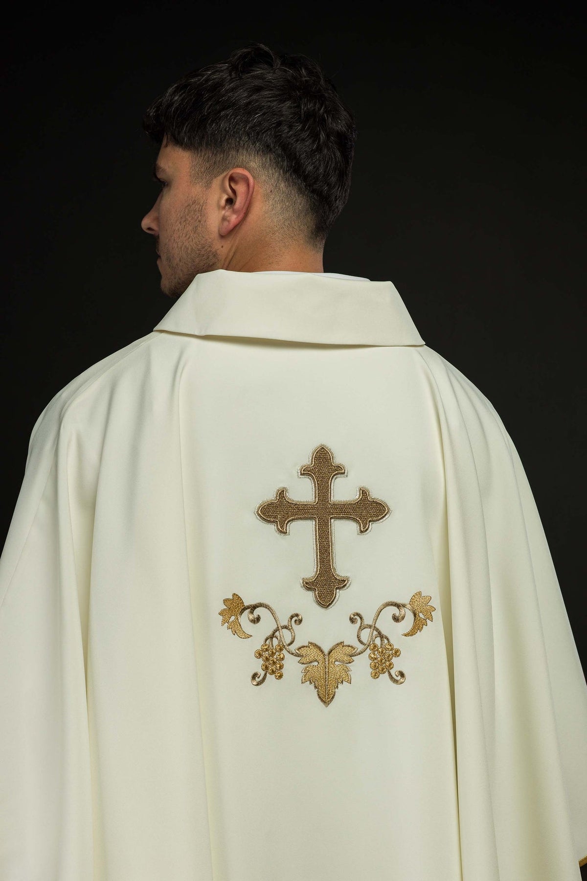 Embroidered chasuble back view with gold cross and grape embroidery