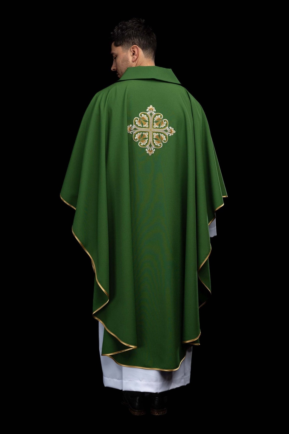 Green chasuble back collar close-up in polyester fabric