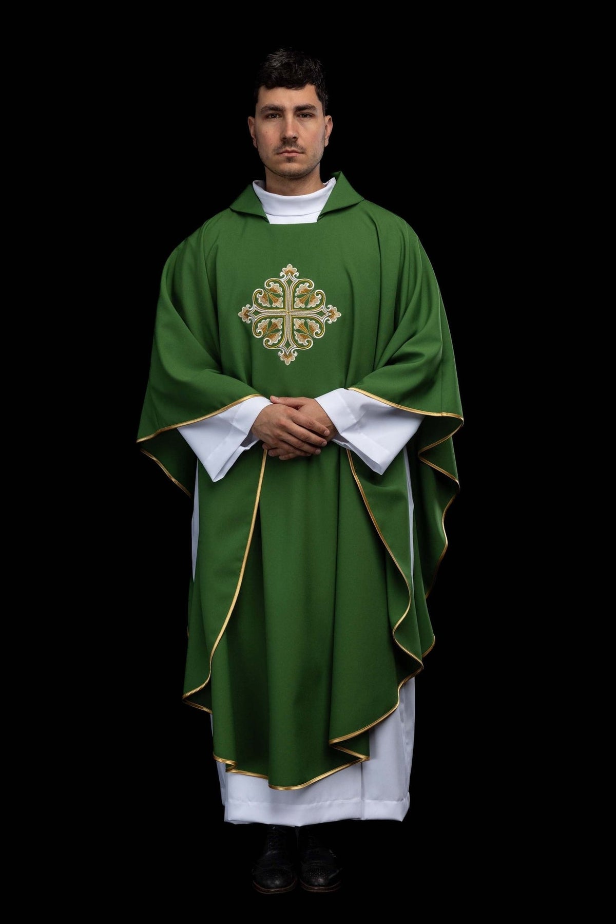 Green chasuble full front view with wide collar and embroidered cross