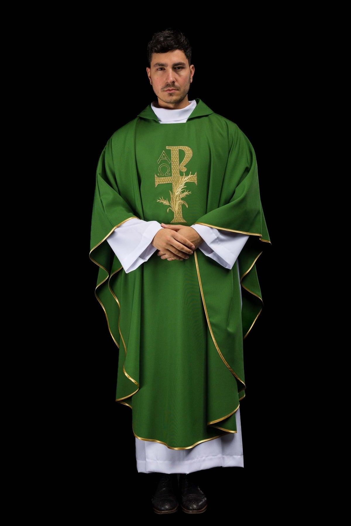 Green chasuble front view with gold trim and Alpha Omega embroidery