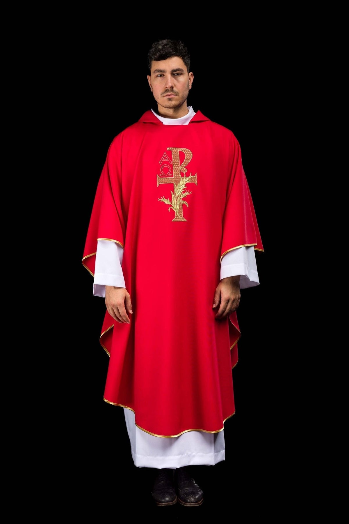 Red chasuble front view with gold Alpha Omega cross embroidery and trim