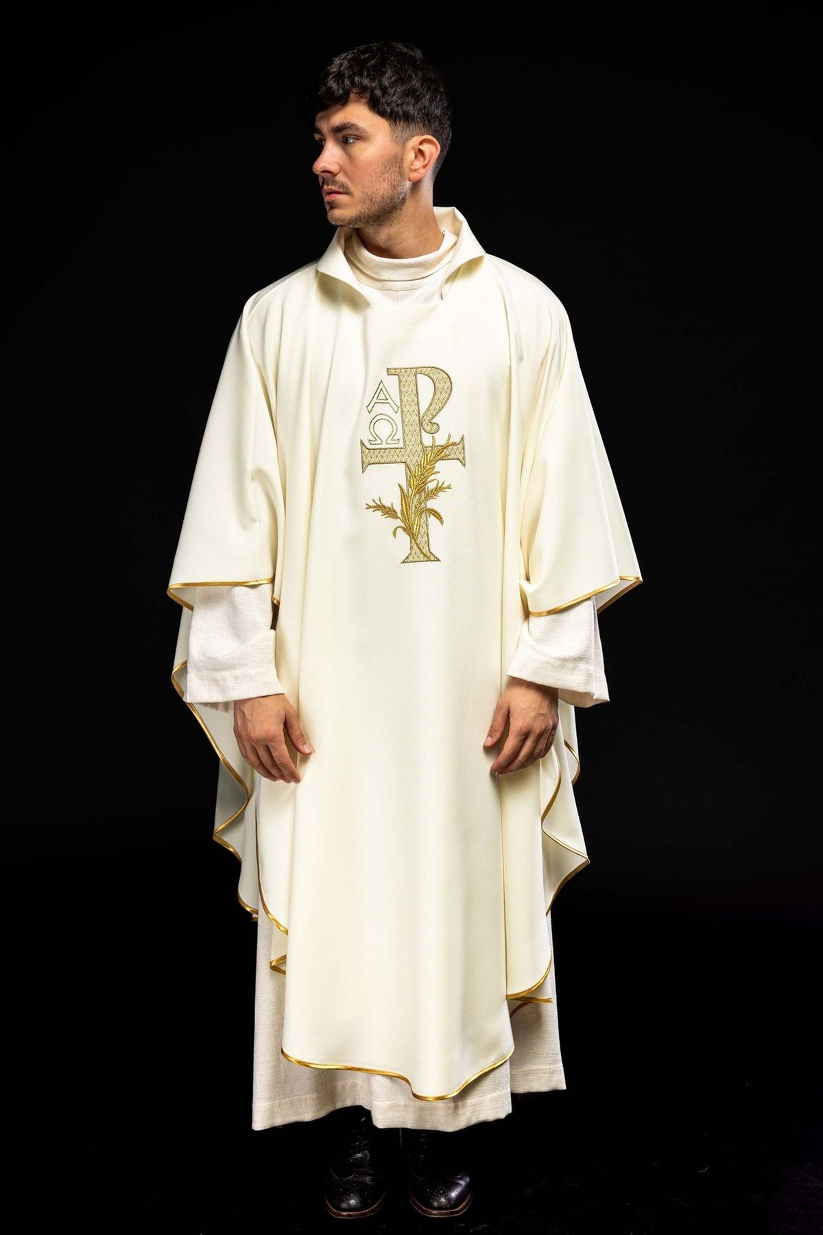 Embroidered chasuble front view with gold Alpha Omega cross embroidery and gold trim