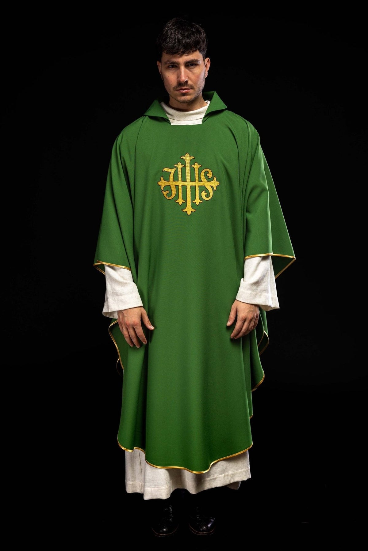 Green chasuble front view with gold JHS embroidery and gold trim