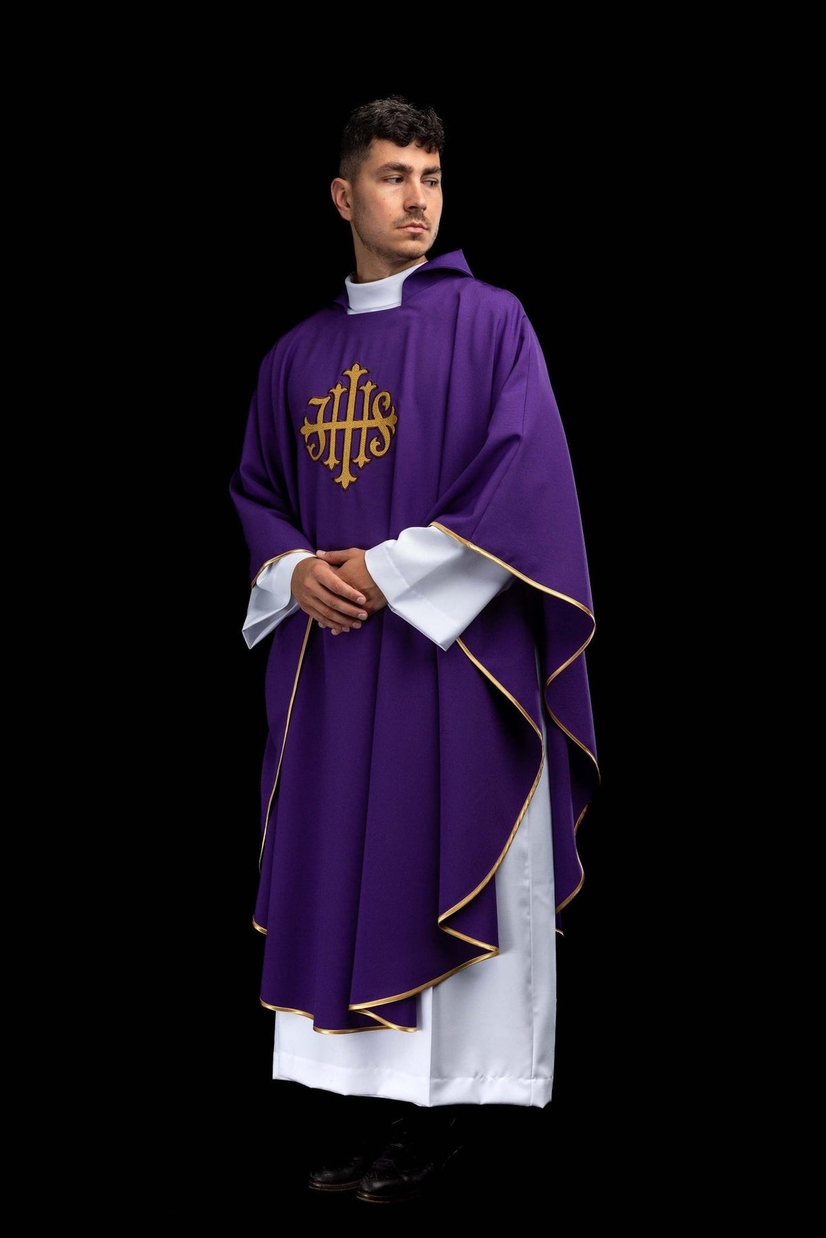 Purple embroidered chasuble, full front view with gold JHS embroidery and trim