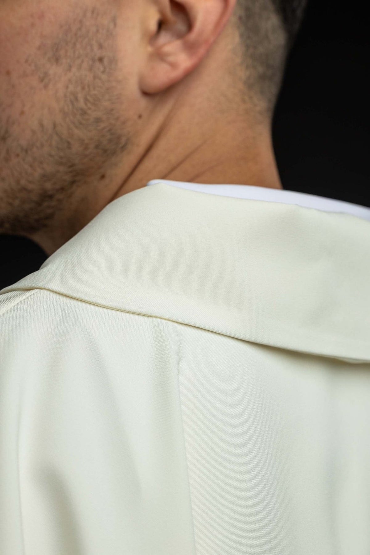 Ecru chasuble collar close-up with wide square collar