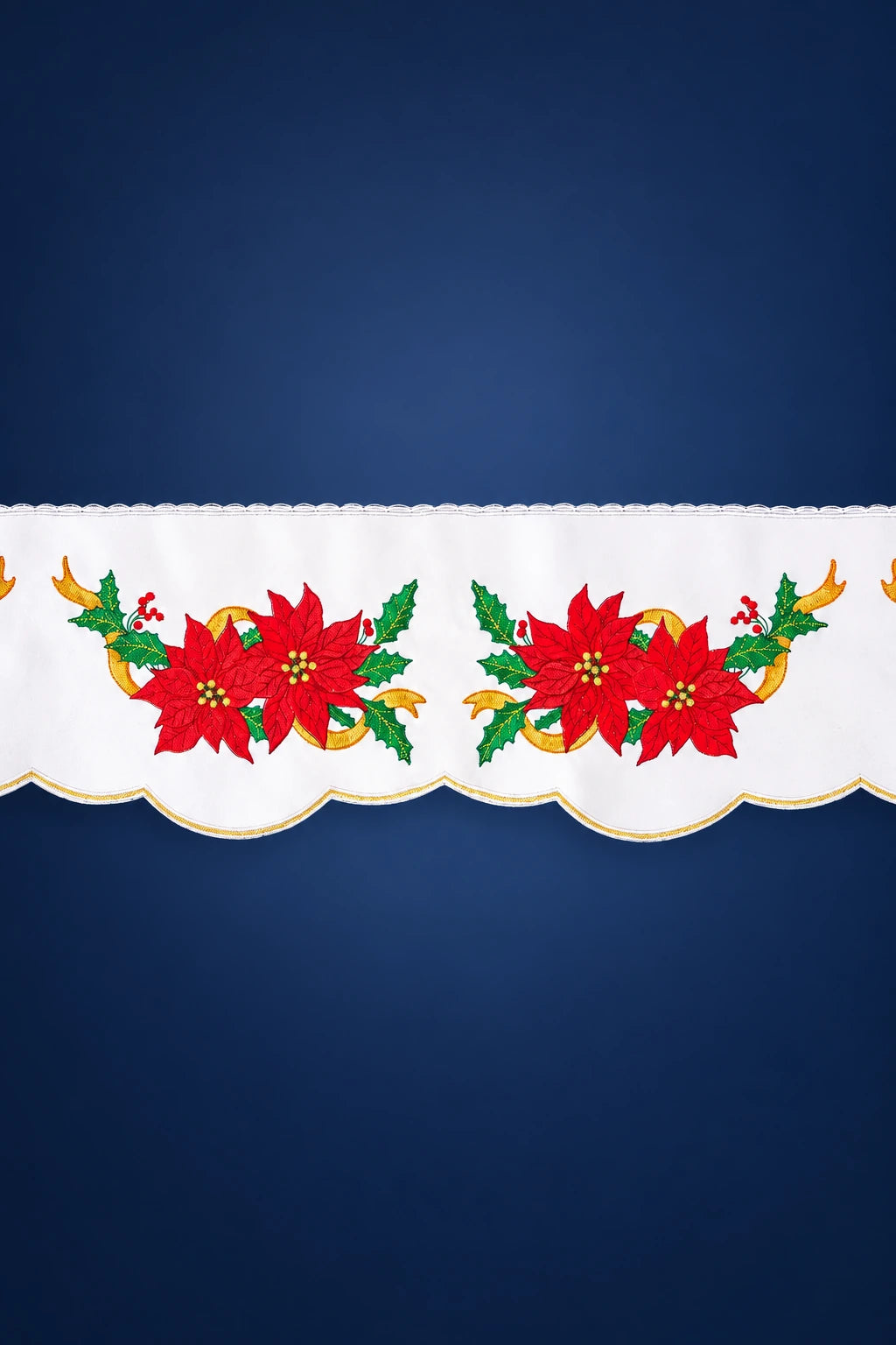 White Altar Lace by the Meter with Bethlehem Star Embroidery, front view with red poinsettia embroidery