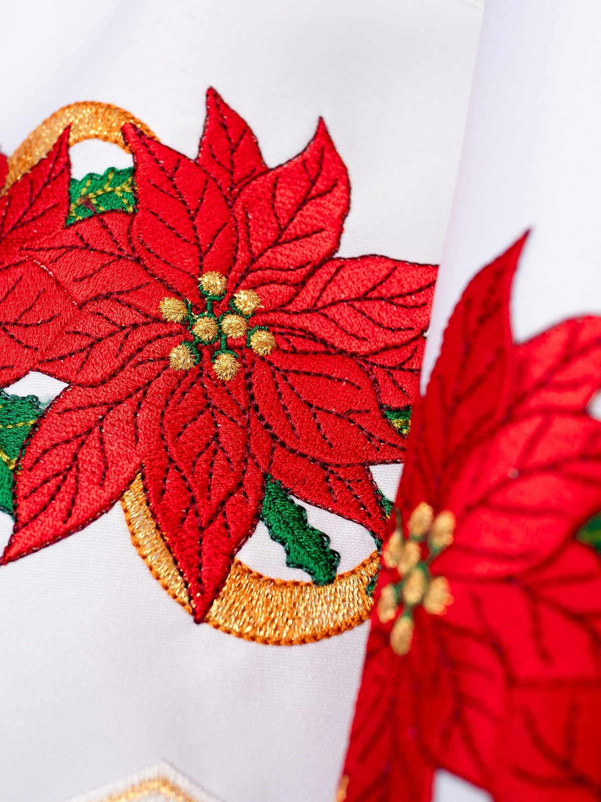 White altar lace close-up showing red poinsettia embroidery with green leaves and gold accents