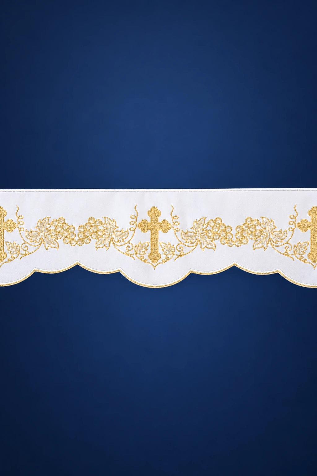 White Altar Lace by the Meter with Cross and Grapes Embroidery, front view with gold embroidery