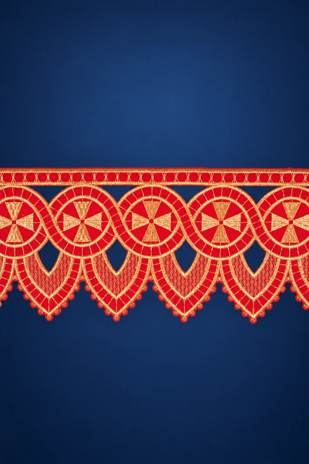 Red Embroidered Altar Lace with a Gold Cross, front view with repeating gold cross motifs