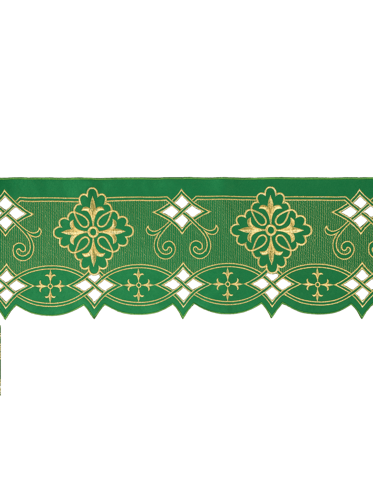 Green altar lace border showing repeating gold rosettes, scrolls and scalloped edging