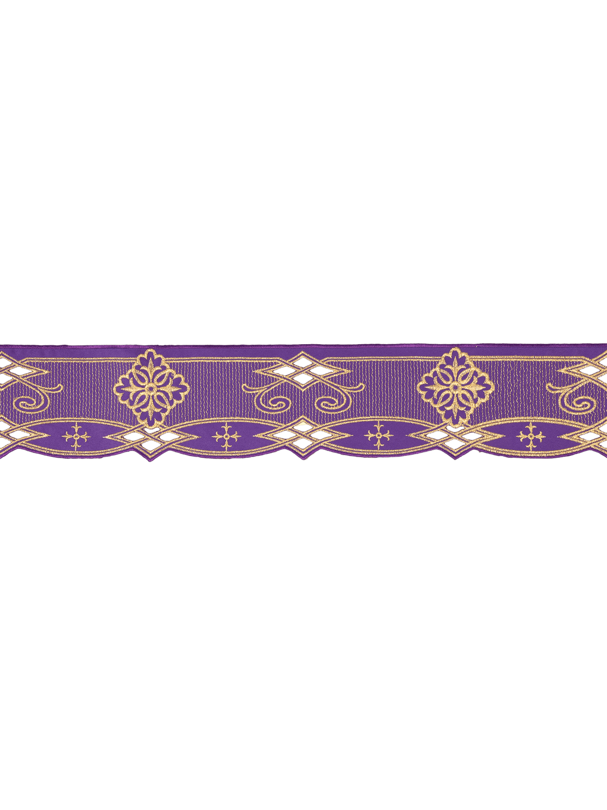Purple altar lace full view showing scalloped edge and repeating gold embroidery