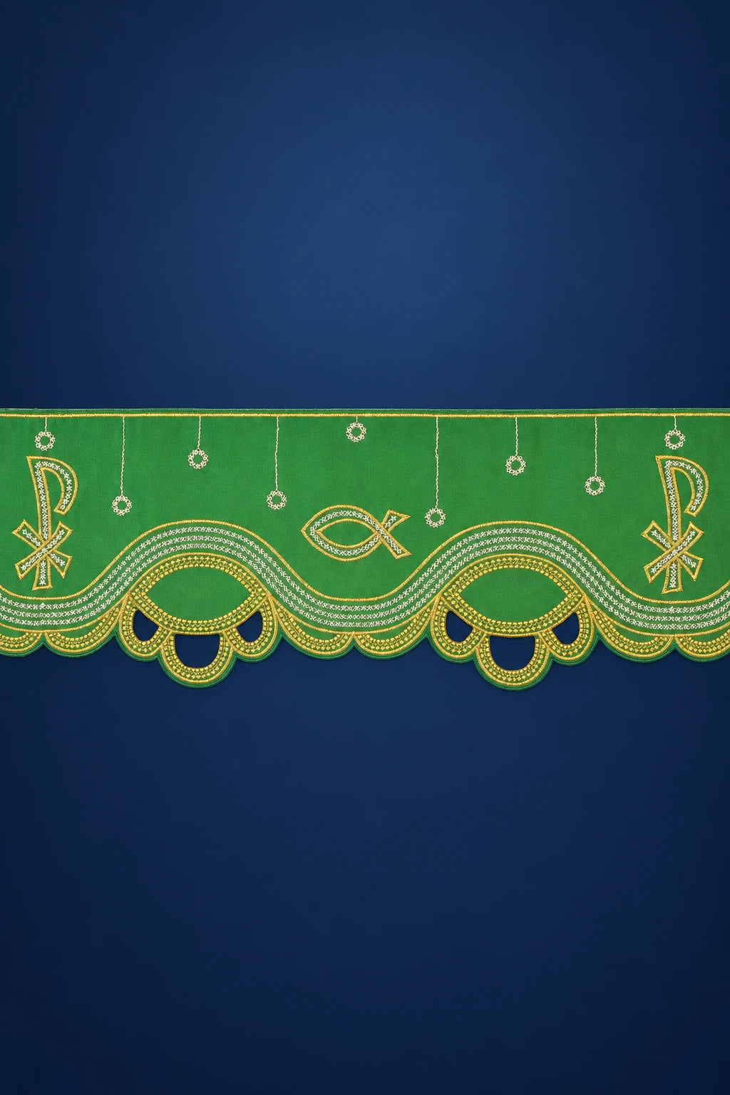 Green PAX Altar Lace with Front Embroidery, front view with gold and white PAX motifs