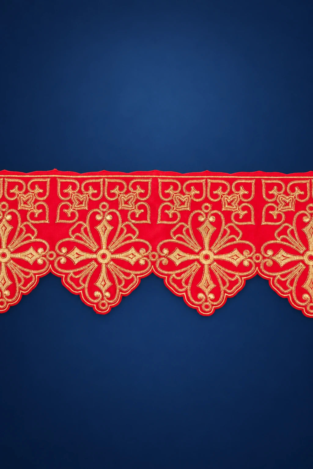 Red Altar Lace with Front Rosette Embroidery by the Meter, front view with repeating gold rosette embroidery