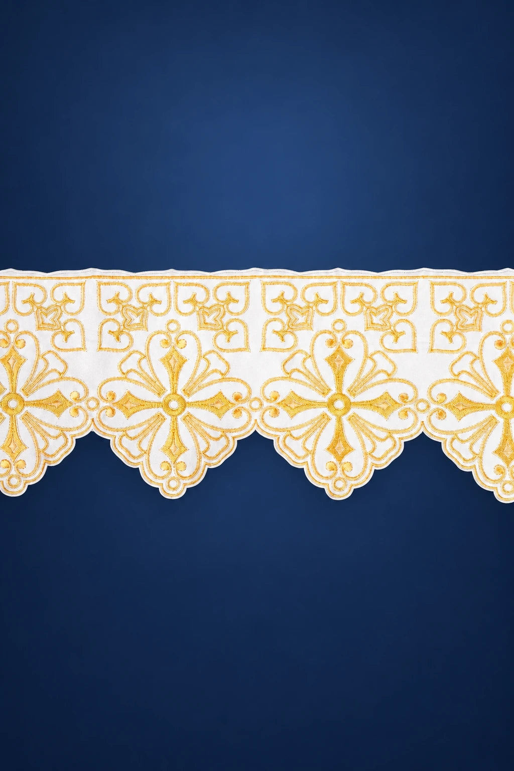 White Altar Lace with Rozeta Embroidery on the Front, front view with repeating gold motifs