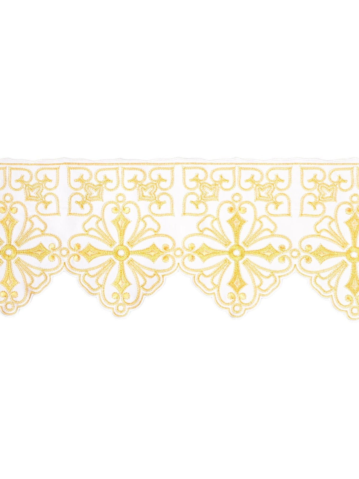 Ecru Rozeta Altar Lace with Baratto-Style Embroidery, close-up of gold ornamental embroidery