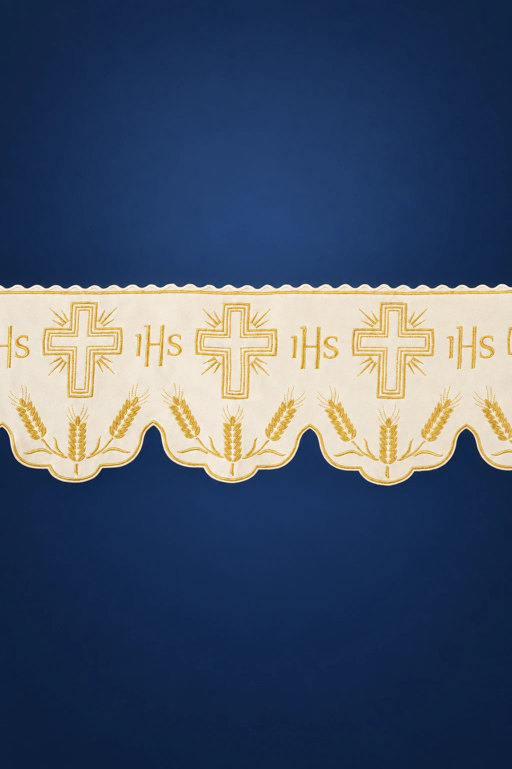 Ecru Altar Lace with IHS Monogram and Cross Motif, front view with embroidered gold crosses and wheat