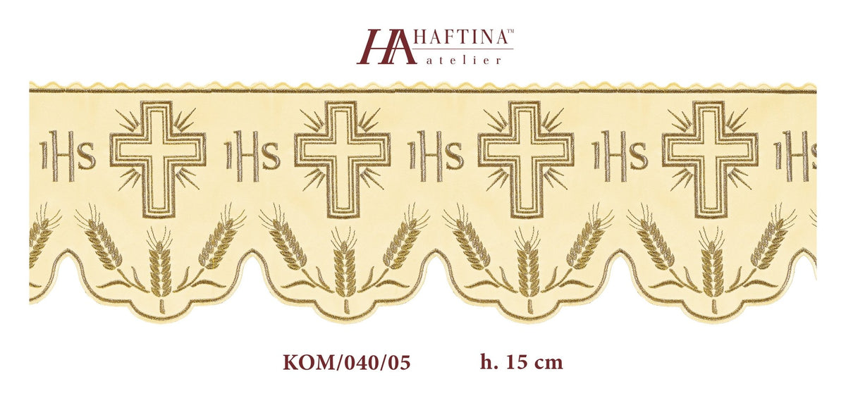 Ecru altar lace with embroidered IHS monogram, cross and wheat border shown in full