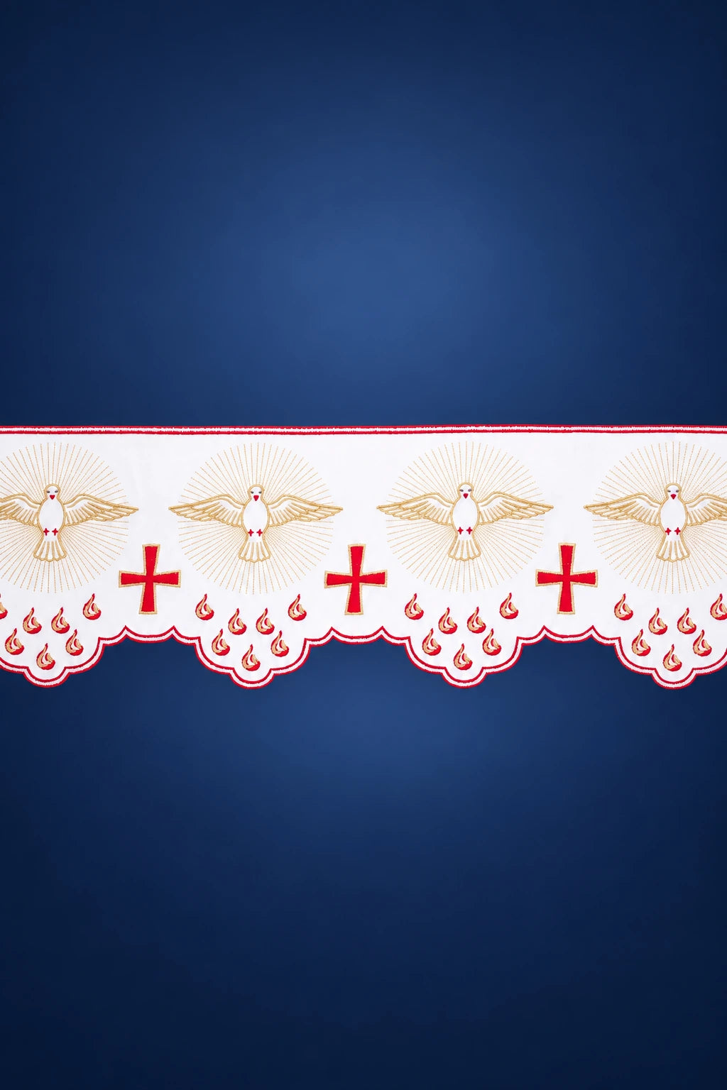 White Altar Lace with Front Embroidery Featuring a Dove, shown in close-up with dove, cross and flame motifs