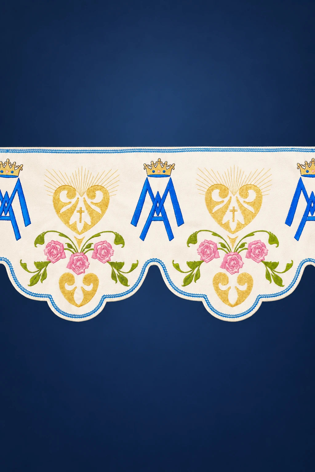 Ecru Altar Lace by the Meter with Marian Motif Embroidery, front view with blue Marian monograms, gold hearts and pink roses