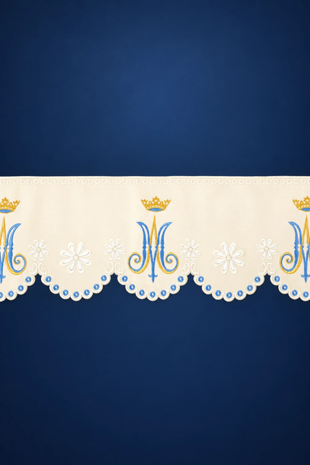 Altar Lace with an Embroidered Border and Marian Motif, front view with blue and gold embroidery